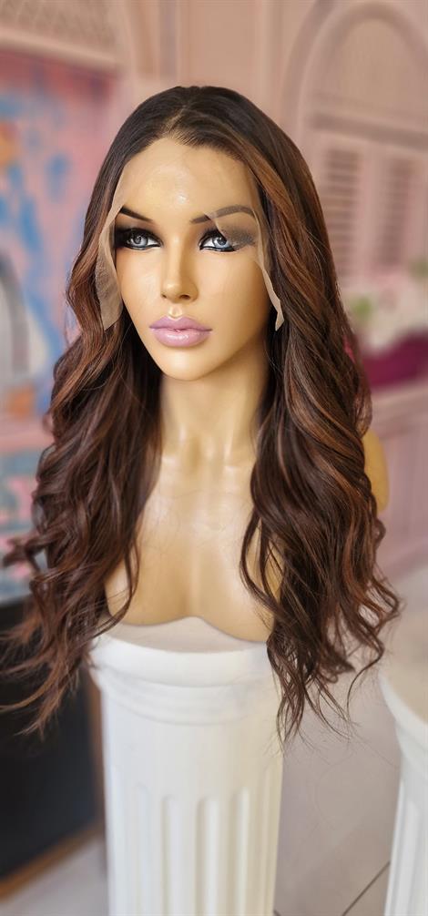 LOLLY PONY Dalgalı Siyah Dip Boyalı Koyu Kumral 60 cm Kore Fiber Sentetik Ön Tül Peruk