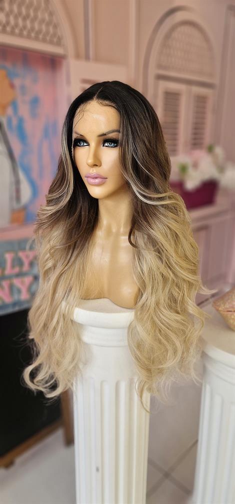 LOLLY PONY Dalgalı Siyah Kahve Röfleli 80cm Kore Fiber Sentetik Ön Tül Peruk