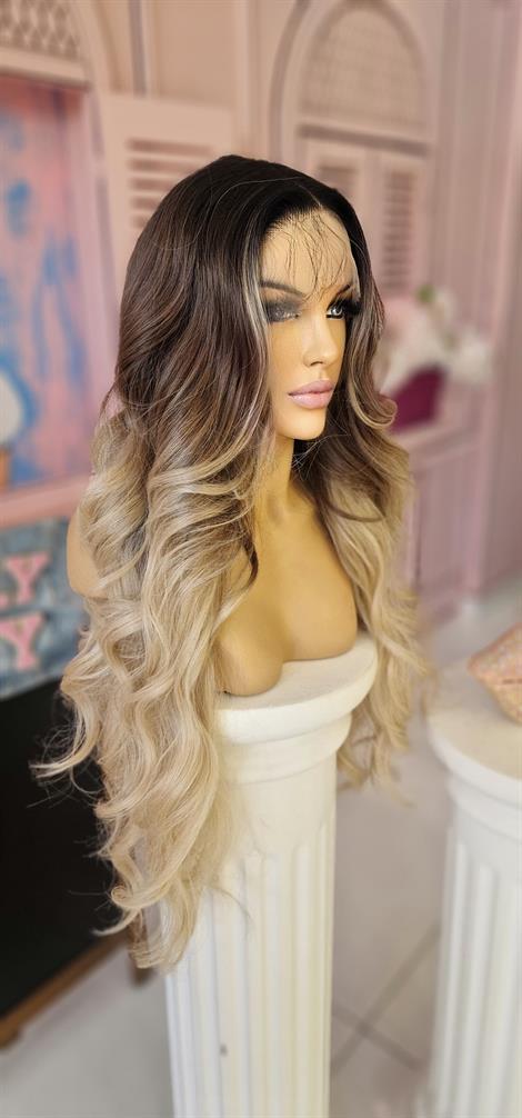 LOLLY PONY Dalgalı Siyah Kahve Röfleli 80cm Kore Fiber Sentetik Ön Tül Peruk