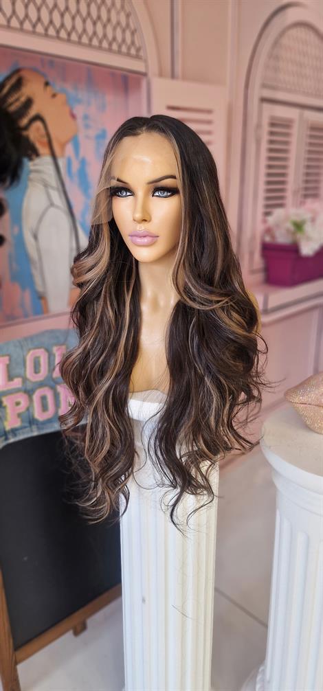 LOLLY PONY Dalgalı Siyah Kumral Röfleli 70 cm Kore Fiber Sentetik Ön Tül Peruk