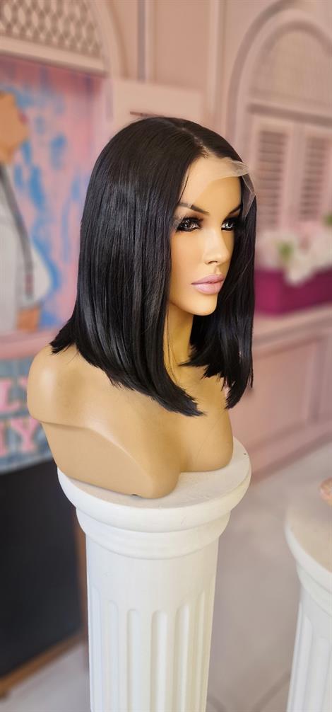 LOLLY PONY Bob Kesim Düz Doğal Siyah 35cm Kore Fiber Sentetik Ön Tül Peruk
