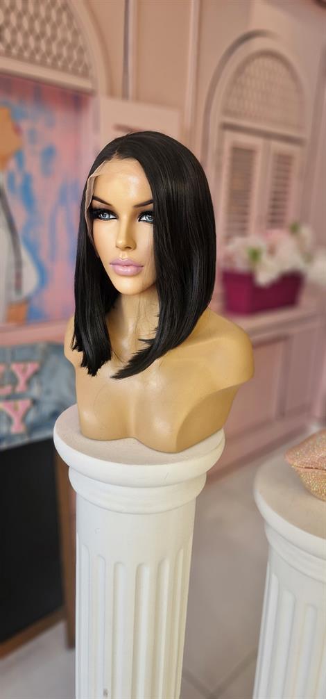 LOLLY PONY Bob Kesim Düz Doğal Siyah 35cm Kore Fiber Sentetik Ön Tül Peruk