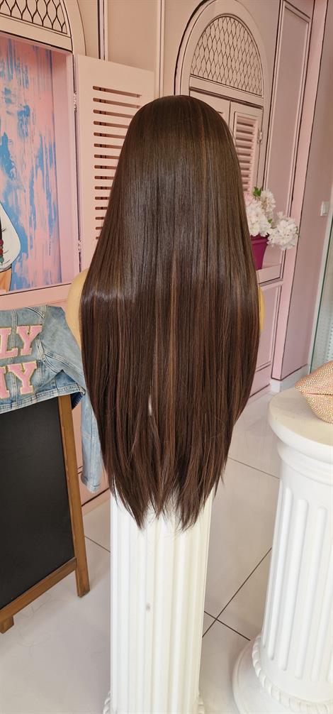 LOLLY PONY Düz Bakır Şeritli Koyu Kahve 75cm Kore Fiber Sentetik Ön Tül Peruk