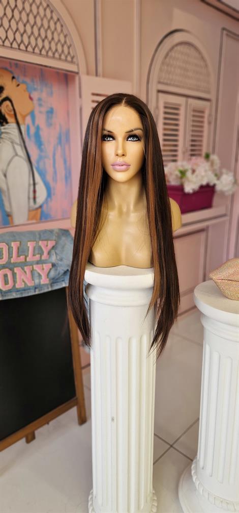 LOLLY PONY Düz Bakır Şeritli Koyu Kahve 75cm Kore Fiber Sentetik Ön Tül Peruk