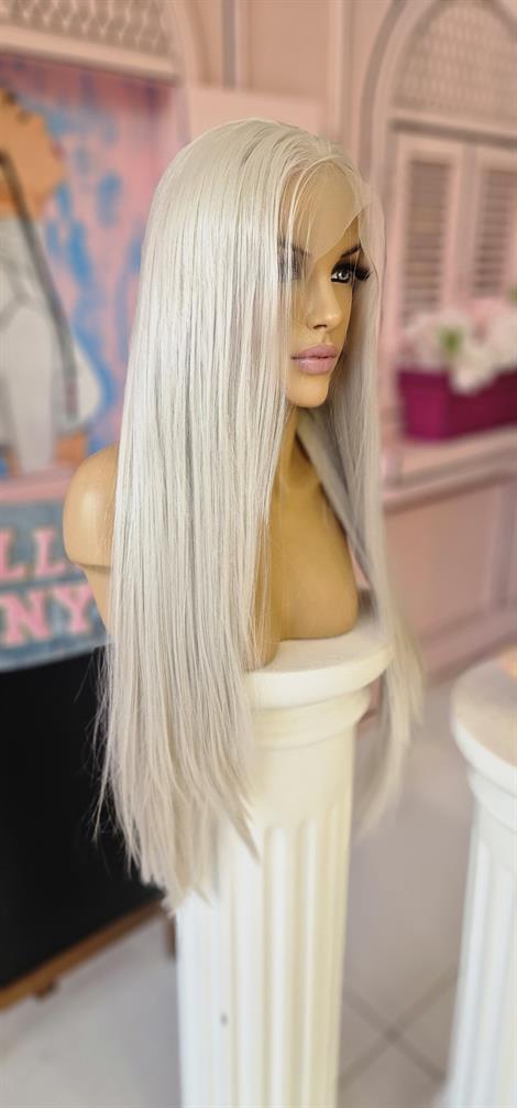 LOLLY PONY Düz Beyaz Platin 85 cm Kore Fiber Sentetik Ön Tül Peruk