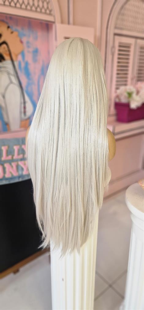 LOLLY PONY Düz Beyaz Platin 85 cm Kore Fiber Sentetik Ön Tül Peruk