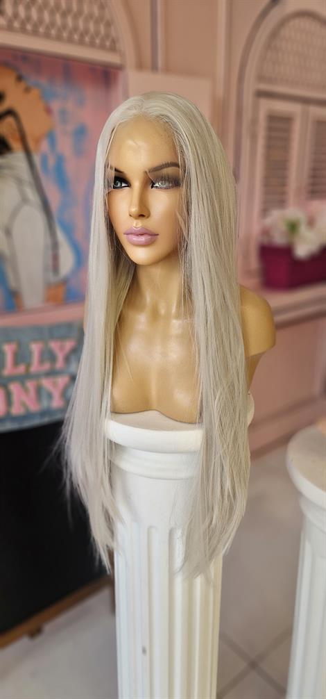 LOLLY PONY Düz Beyaz Platin 85 cm Kore Fiber Sentetik Ön Tül Peruk