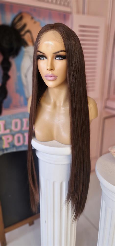 LOLLY PONY Düz Koyu Kumral Işıltılı 95cm Kore Fiber Sentetik Ön Tül Peruk