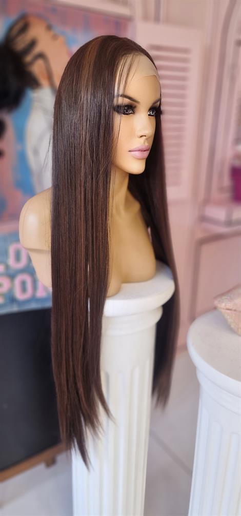 LOLLY PONY Düz Koyu Kumral Işıltılı 95cm Kore Fiber Sentetik Ön Tül Peruk