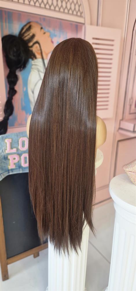 LOLLY PONY Düz Koyu Kumral Işıltılı 95cm Kore Fiber Sentetik Ön Tül Peruk