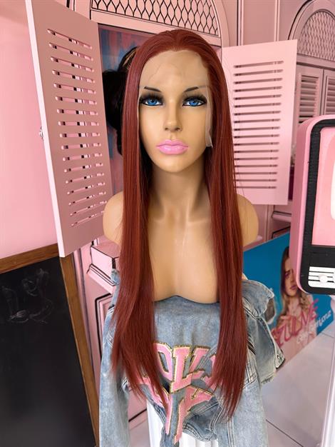 LOLLY PONY Düz Koyu Bakır 75 cm Kore Fiber Sentetik Ön Tül Peruk