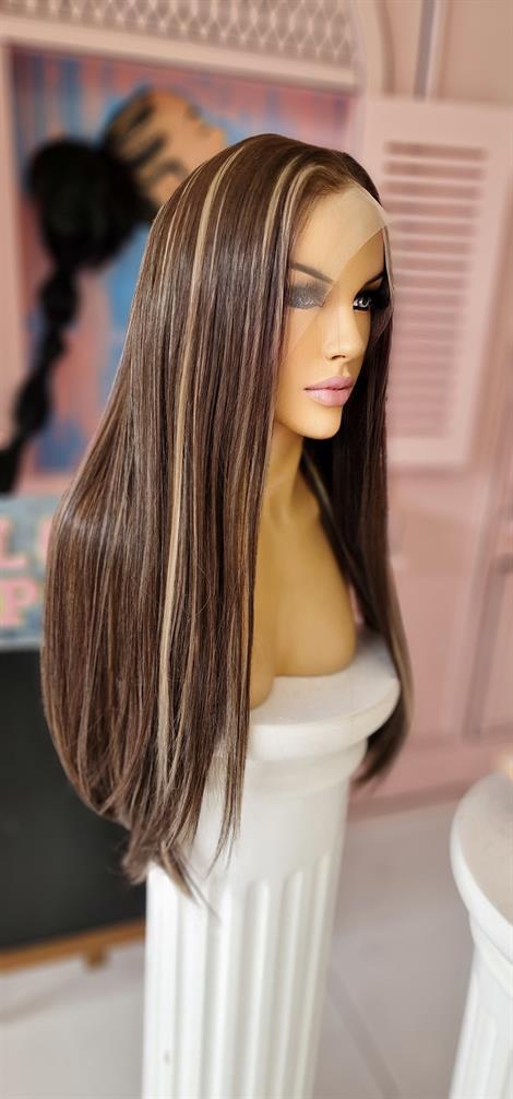 LOLLY PONY Düz Kumral Kahve Röfleli  75 cm Kore Fiber Sentetik Ön Tül Peruk