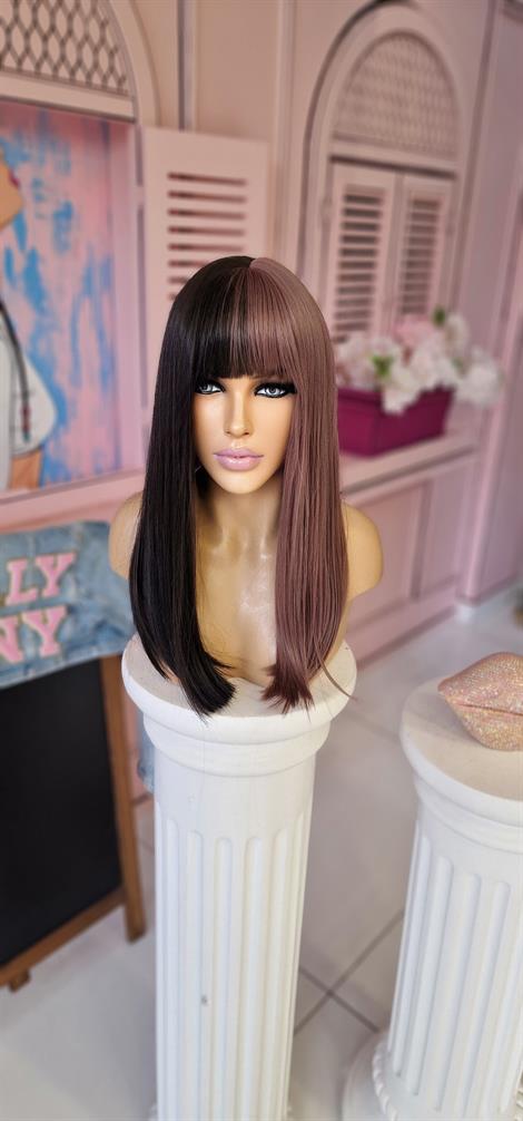 LOLLY PONY Düz Perçemli 2 Renk Pembe-Kahve 50cm Kore Fiber Peruk