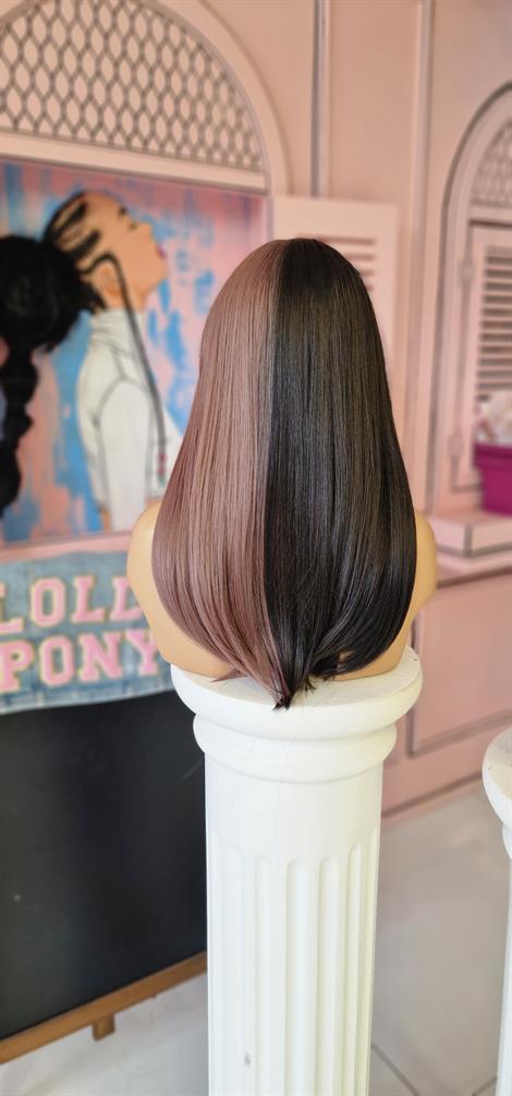 LOLLY PONY Düz Perçemli 2 Renk Pembe-Kahve 50cm Kore Fiber Peruk