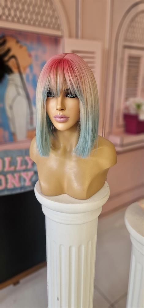 LOLLY PONY Düz Perçemli Dip Pembe Ucu Mavi Bob 35 cm Kore Fiber Sentetik Peruk