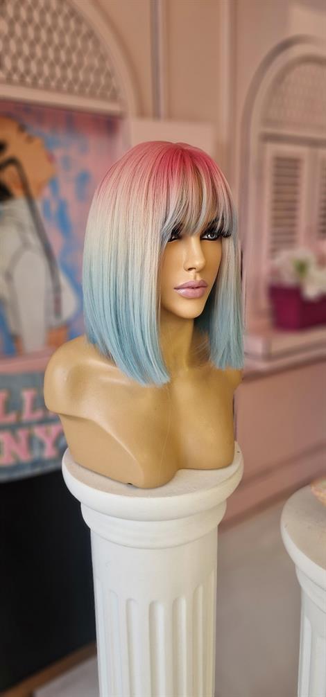 LOLLY PONY Düz Perçemli Dip Pembe Ucu Mavi Bob 35 cm Kore Fiber Sentetik Peruk