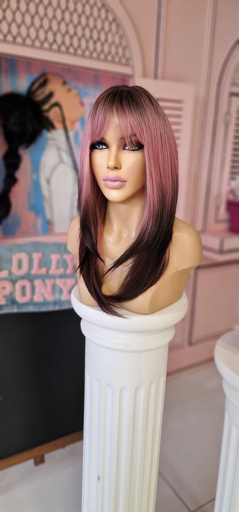 LOLLY PONY Düz Perçemli Kahve Pembe 55cm Kore Fiber Sentetik Peruk