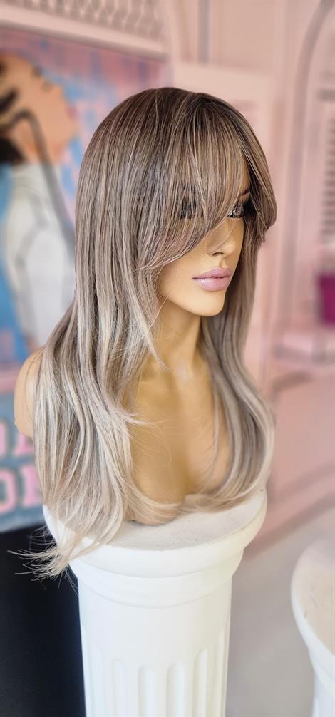 LOLLY PONY Düz Platin Röfleli 60cm Kore Fiber Sentetik Ön Tül Peruk