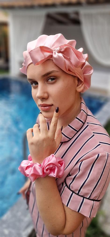 Saf İpek Saç Bakım Ve Uyku Bonesi Açık Pembe