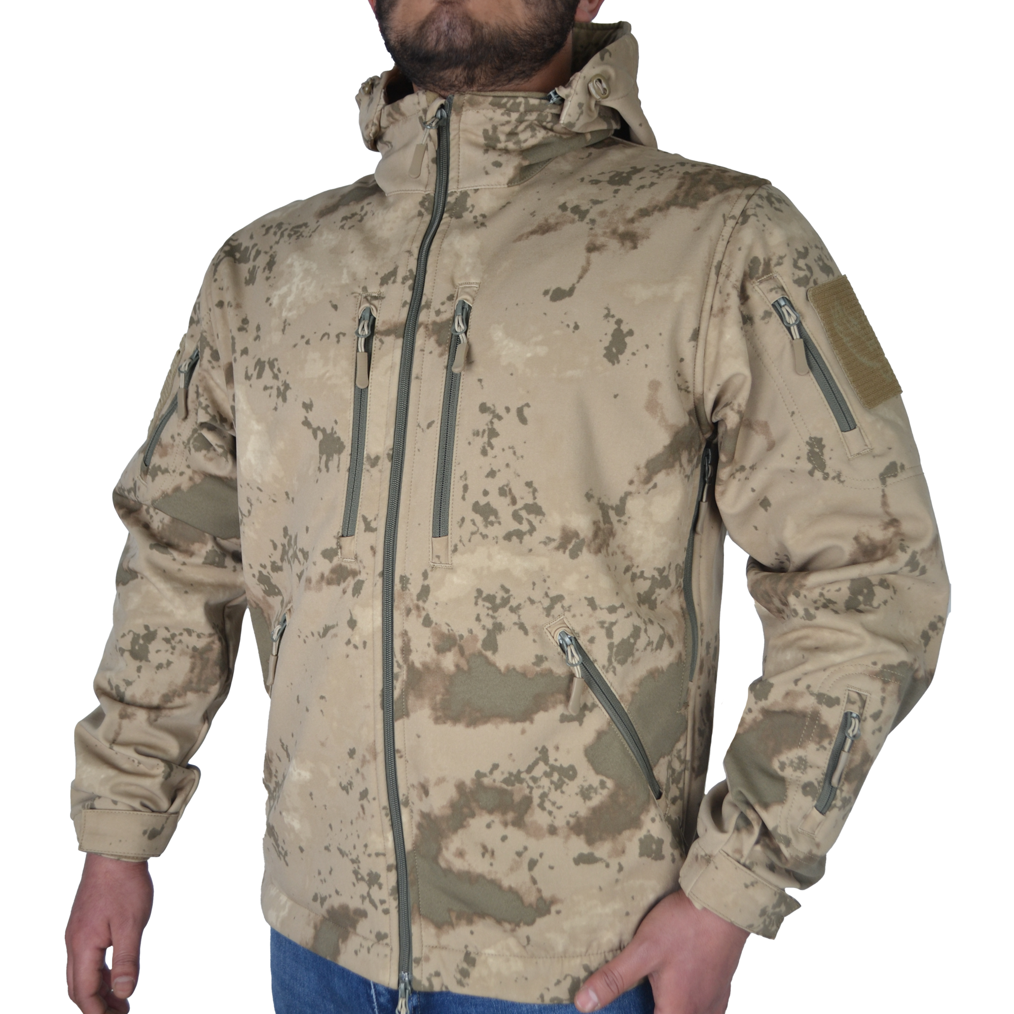 10 Cepli Jandarma Kamuflaj Desenli Softshell Mont, Rüzgar Geçirmez Mont