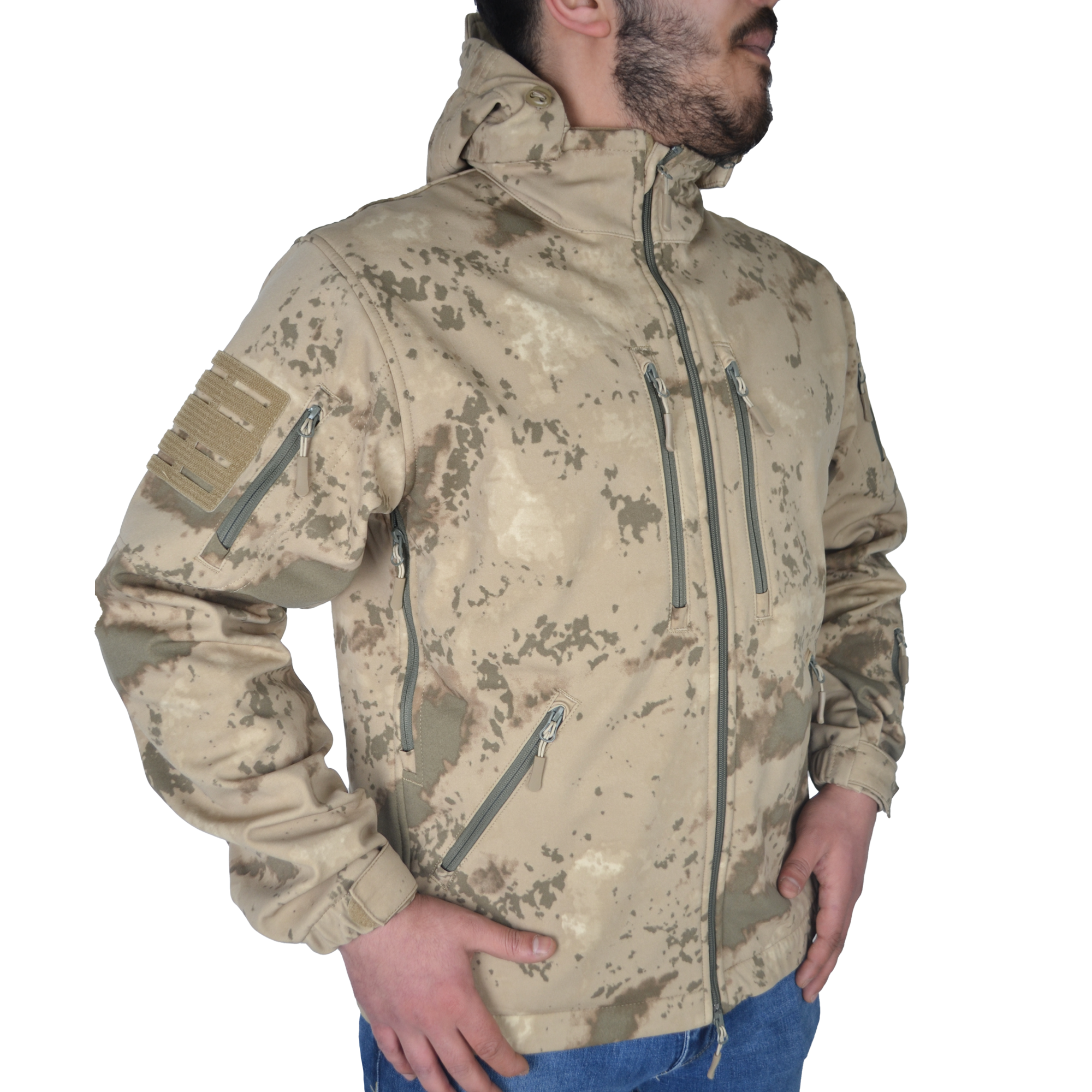 10 Cepli Jandarma Kamuflaj Desenli Softshell Mont, Rüzgar Geçirmez Mont