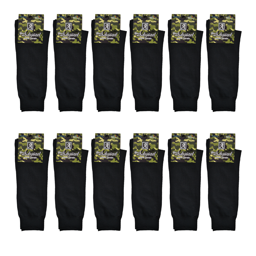 12li Adıgüzel Yazlık Siyah Asker Çorabı, Pamuklu Ayakkabı / Bot Çorap