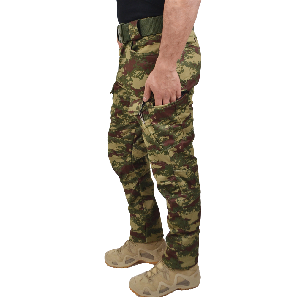 Askeri Kamuflaj Desenli 8 Cepli Su Geçirmez Soğuk ve Rüzgara Dayanıklı Softshell Pantolon