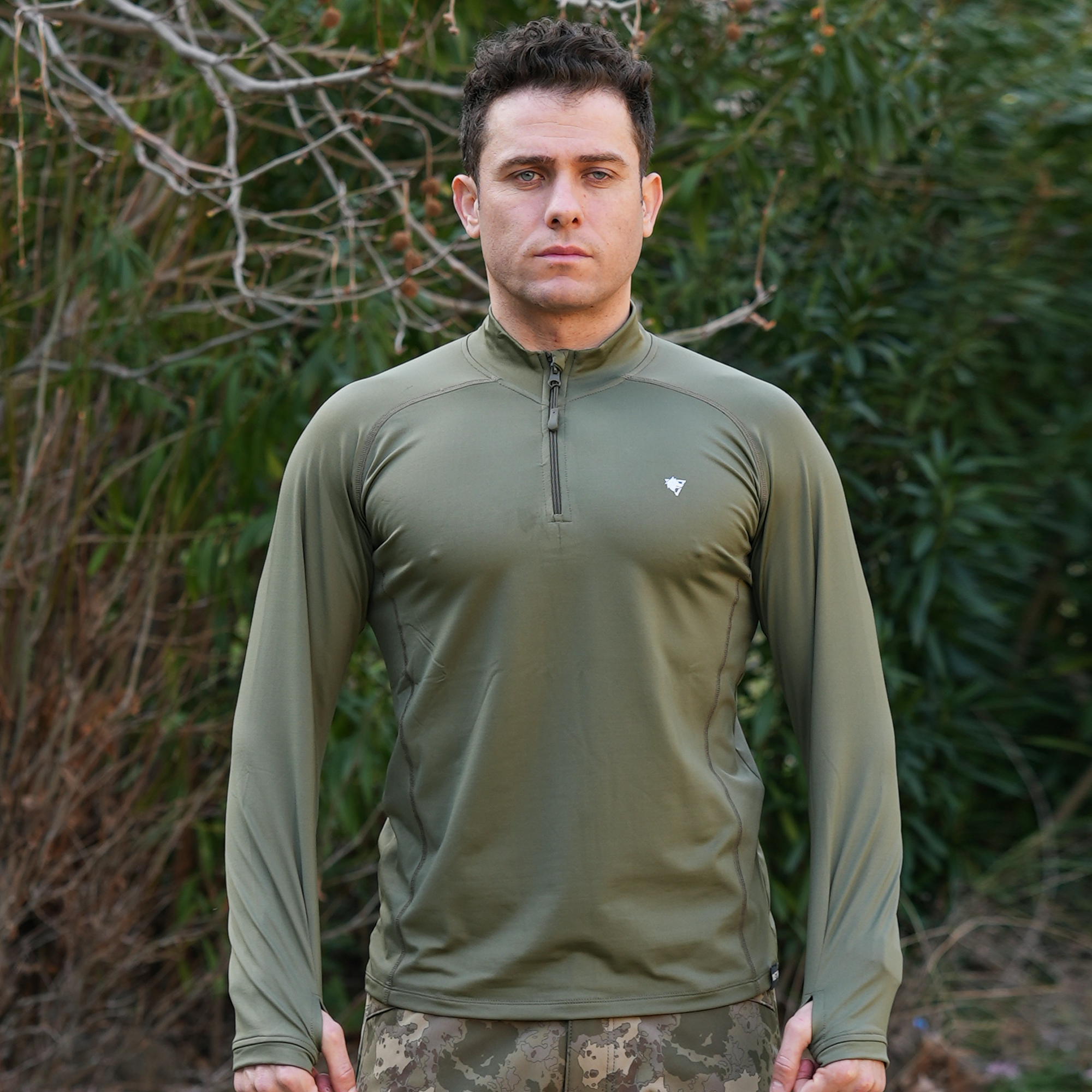 Çeyrek Fermuar Uzun Kollu Sweatshirt Haki, Termal Sweatshirt, Esnek İç Katman Giysisi