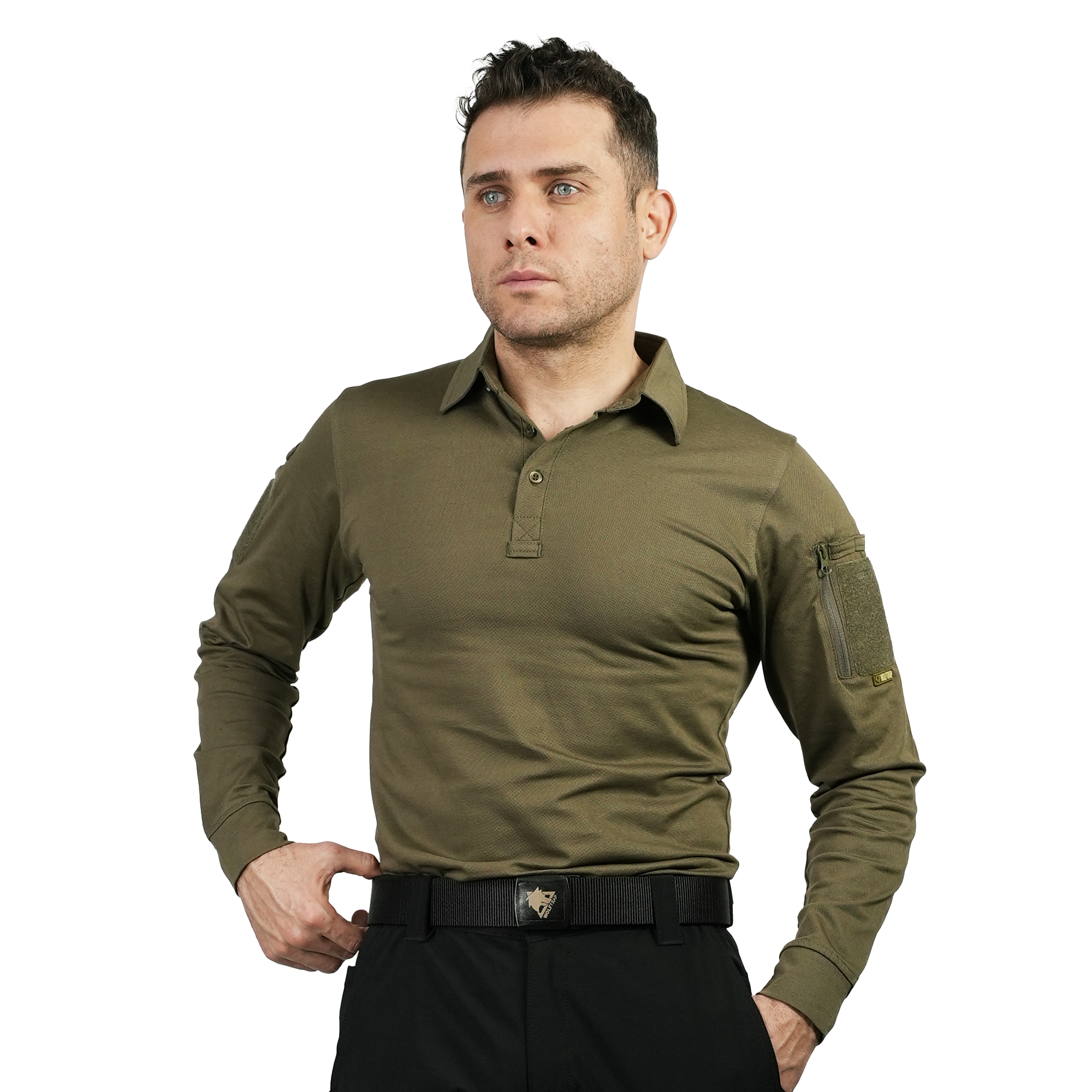 KAPAN Polo Yaka Haki Taktik Tişört , 2 Cepli Uzun Kollu T-Shirt