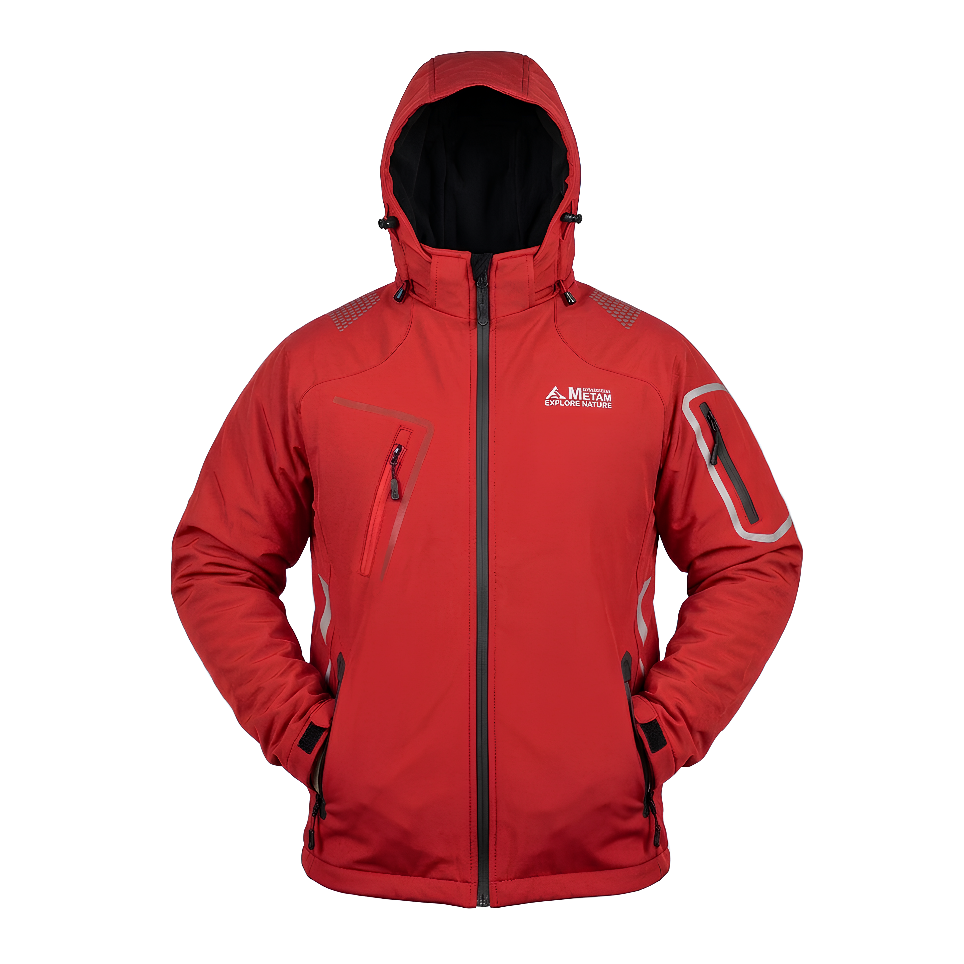 METAM İçi Polarlı Softshell Mont Kırmızı, 5 Cepli Kapüşonlu Mont
