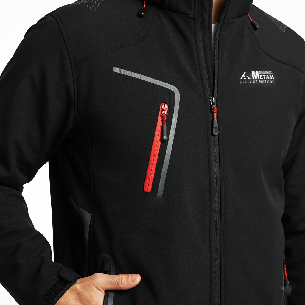 METAM İçi Polarlı Softshell Mont Siyah, 5 Cepli Kapüşonlu Mont