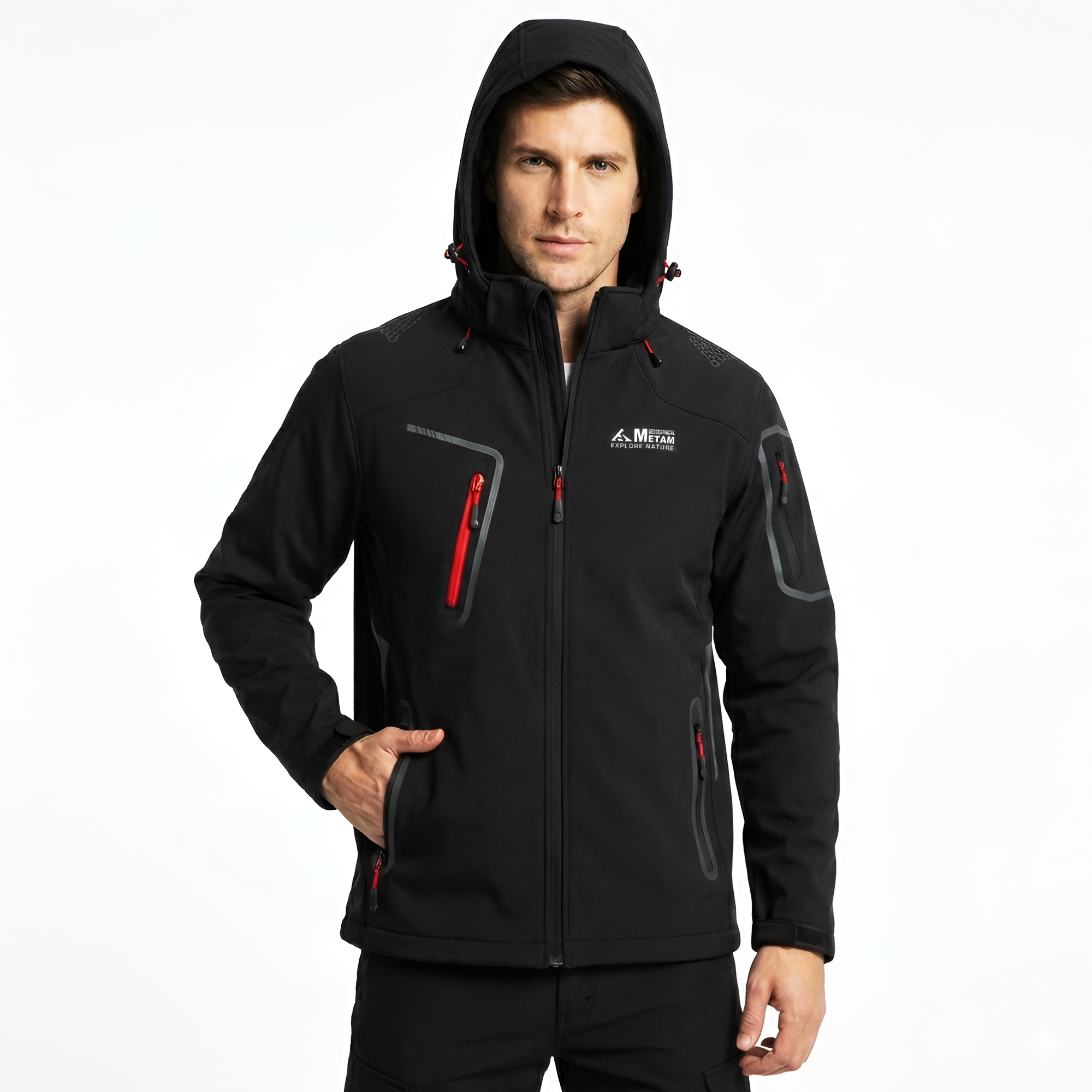 METAM İçi Polarlı Softshell Mont Siyah, 5 Cepli Kapüşonlu Mont