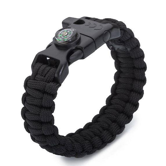Siyah Paracord Bileklik, Bıçaklı, Düdüklü, Pusulalı, Magnezyum Taşlı Bileklik
