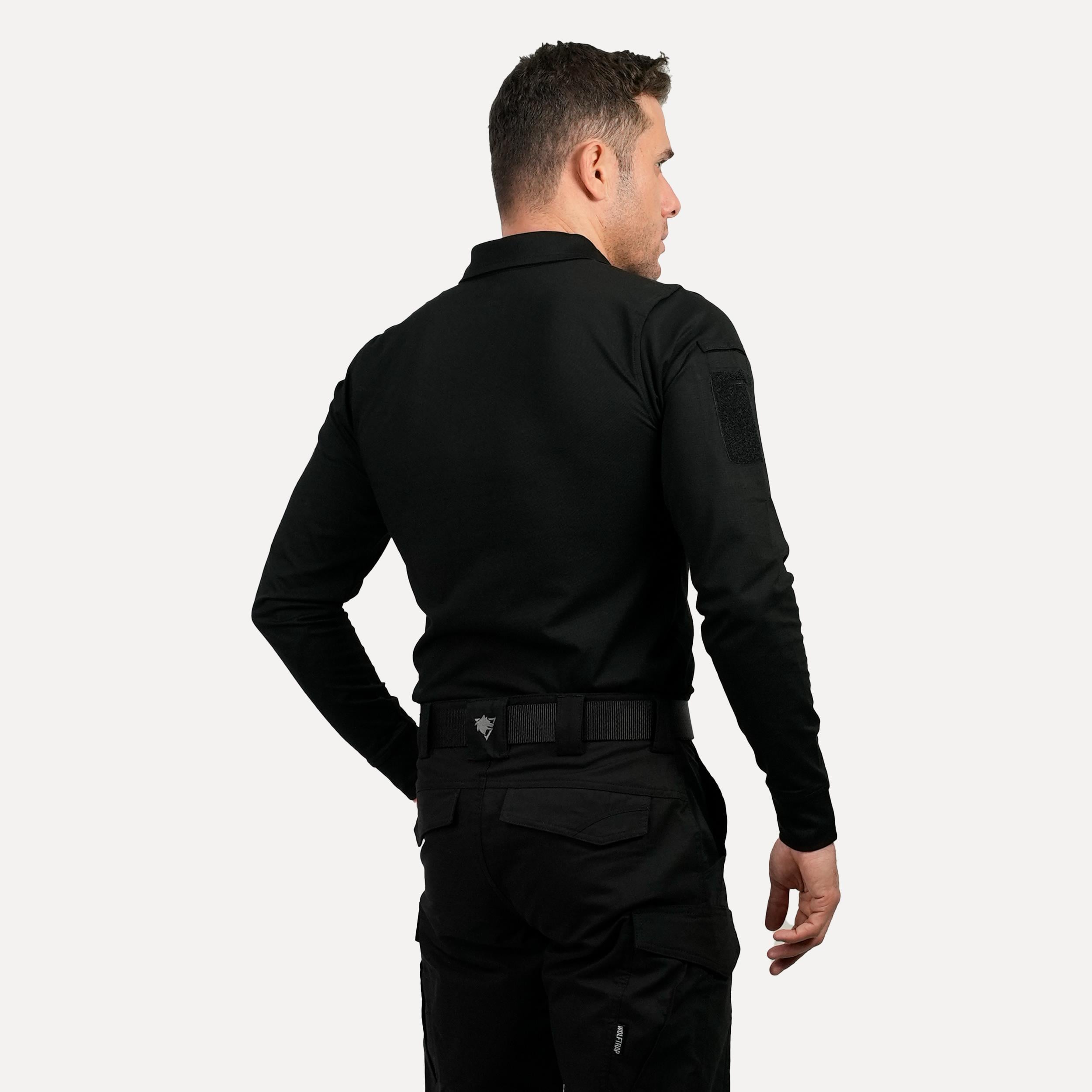 Siyah Uzun Kollu Taktik Polo Yaka Tişört, 2 Cepli Uzun Kollu T-Shirt