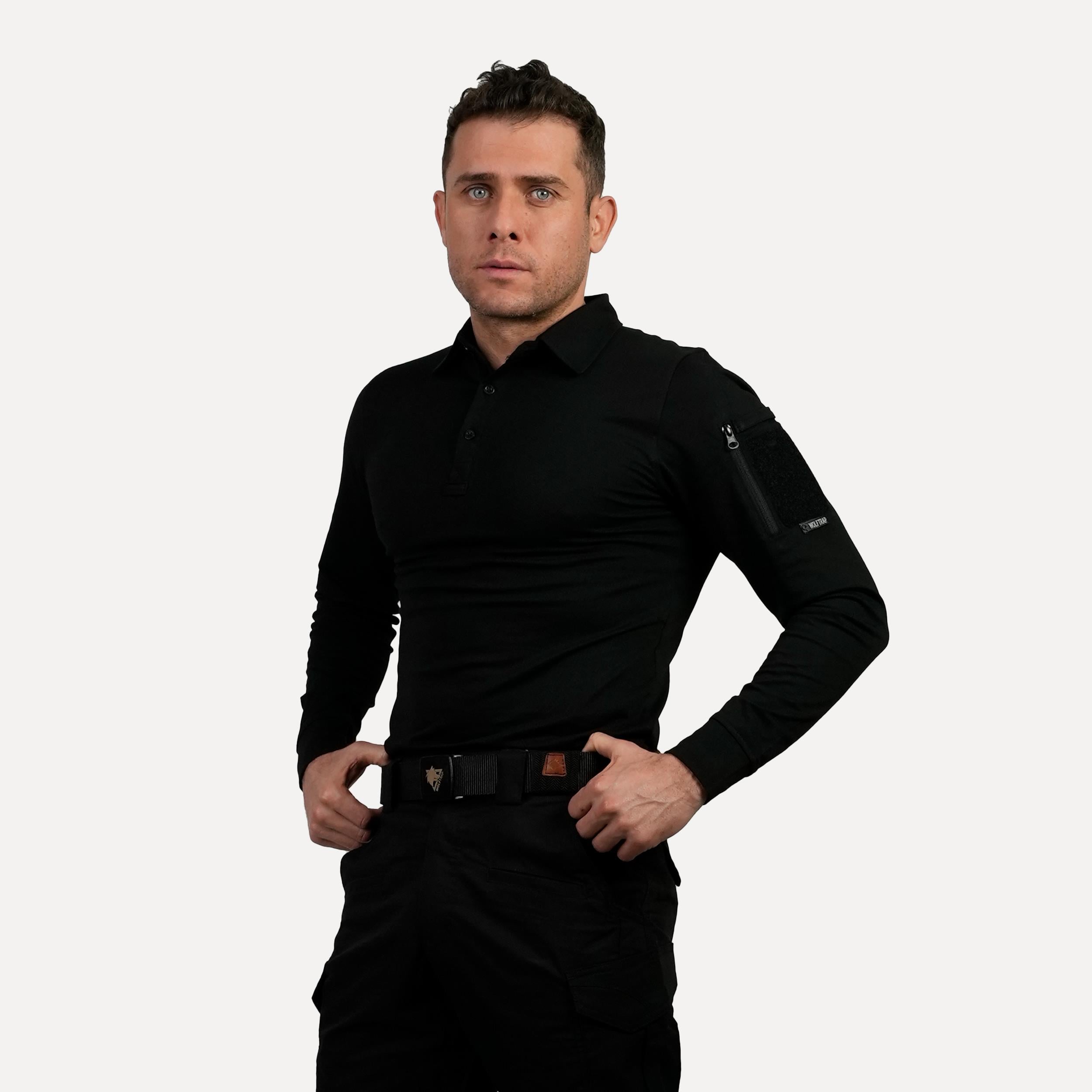 Siyah Uzun Kollu Taktik Polo Yaka Tişört, 2 Cepli Uzun Kollu T-Shirt