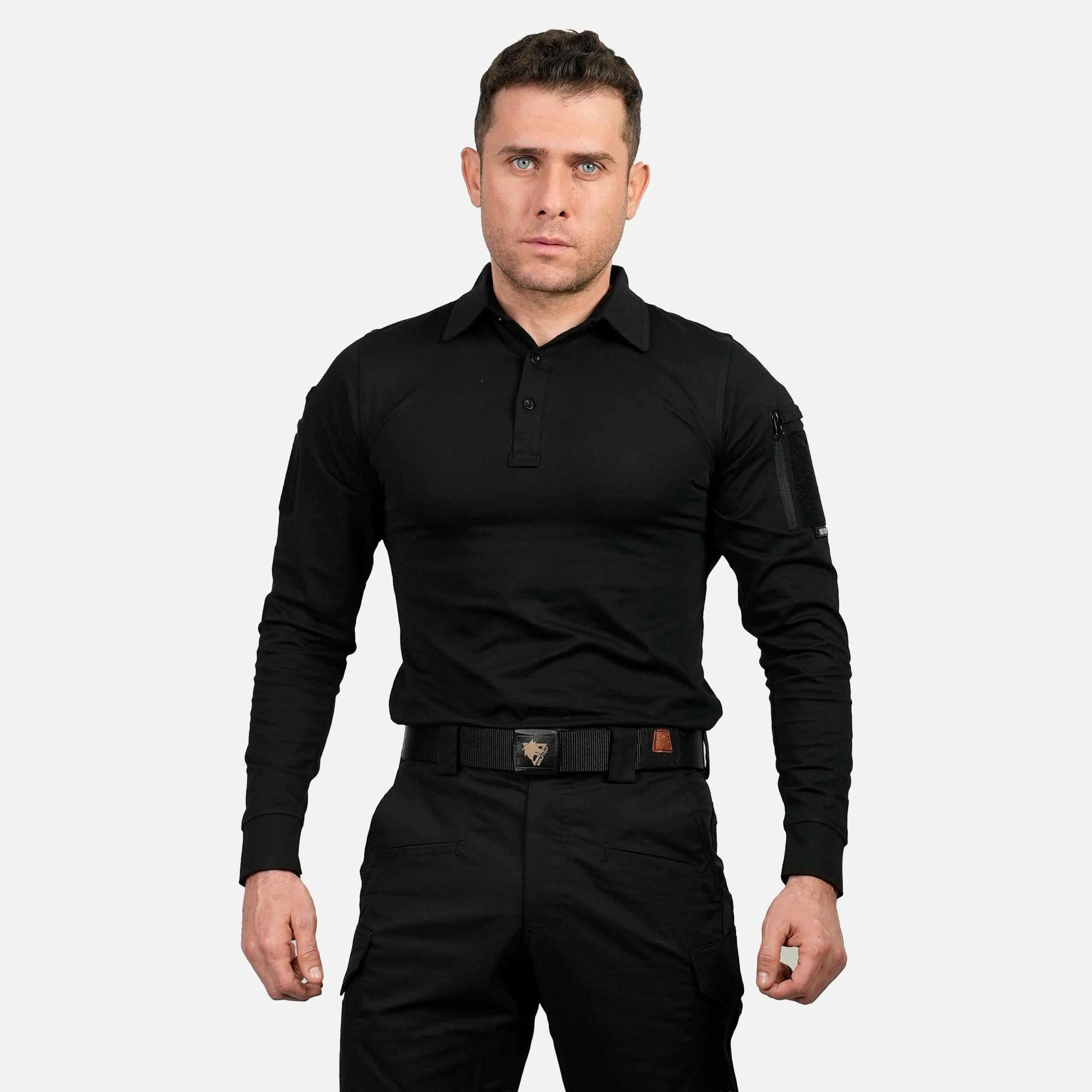 Siyah Uzun Kollu Taktik Polo Yaka Tişört, 2 Cepli Uzun Kollu T-Shirt