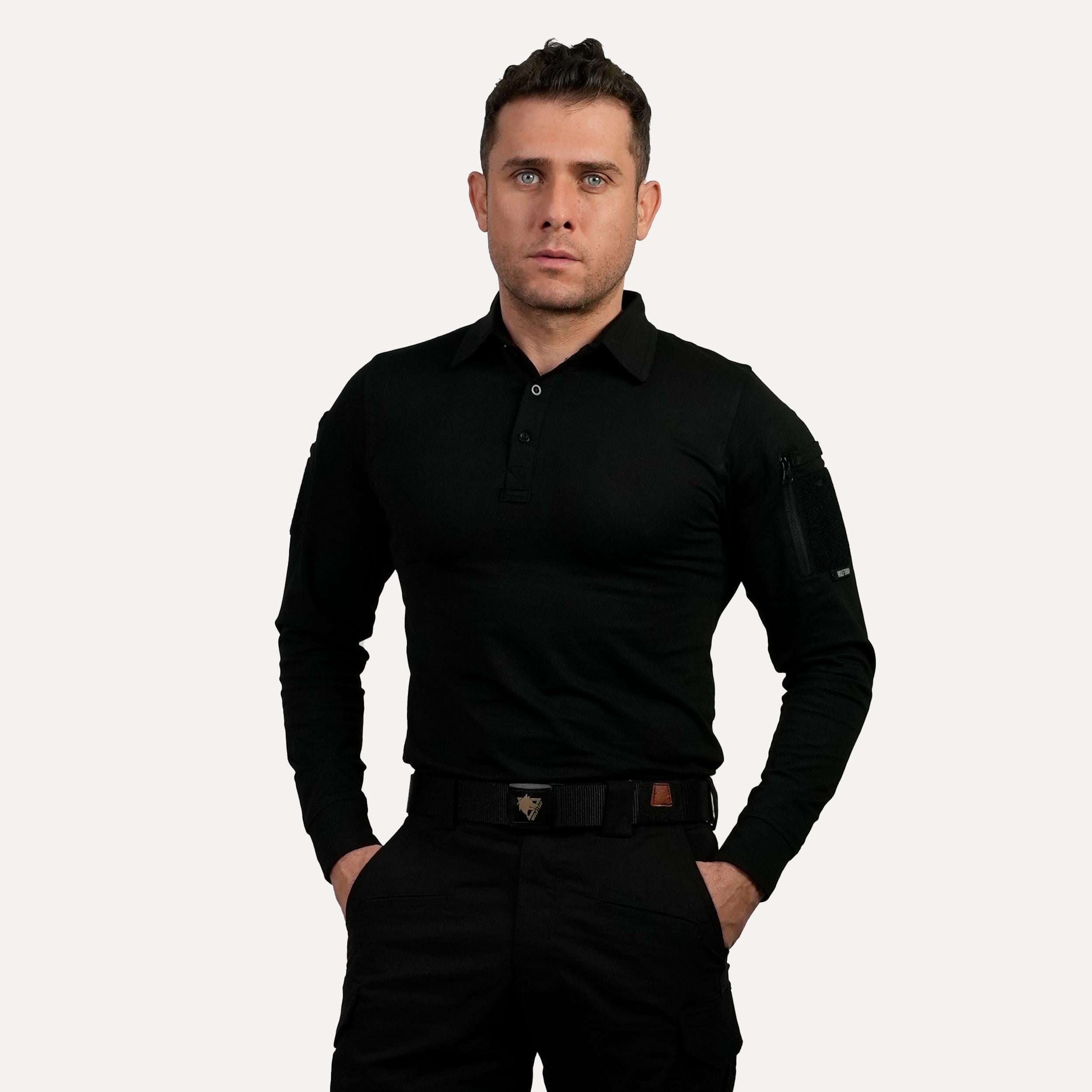 Siyah Uzun Kollu Taktik Polo Yaka Tişört, 2 Cepli Uzun Kollu T-Shirt