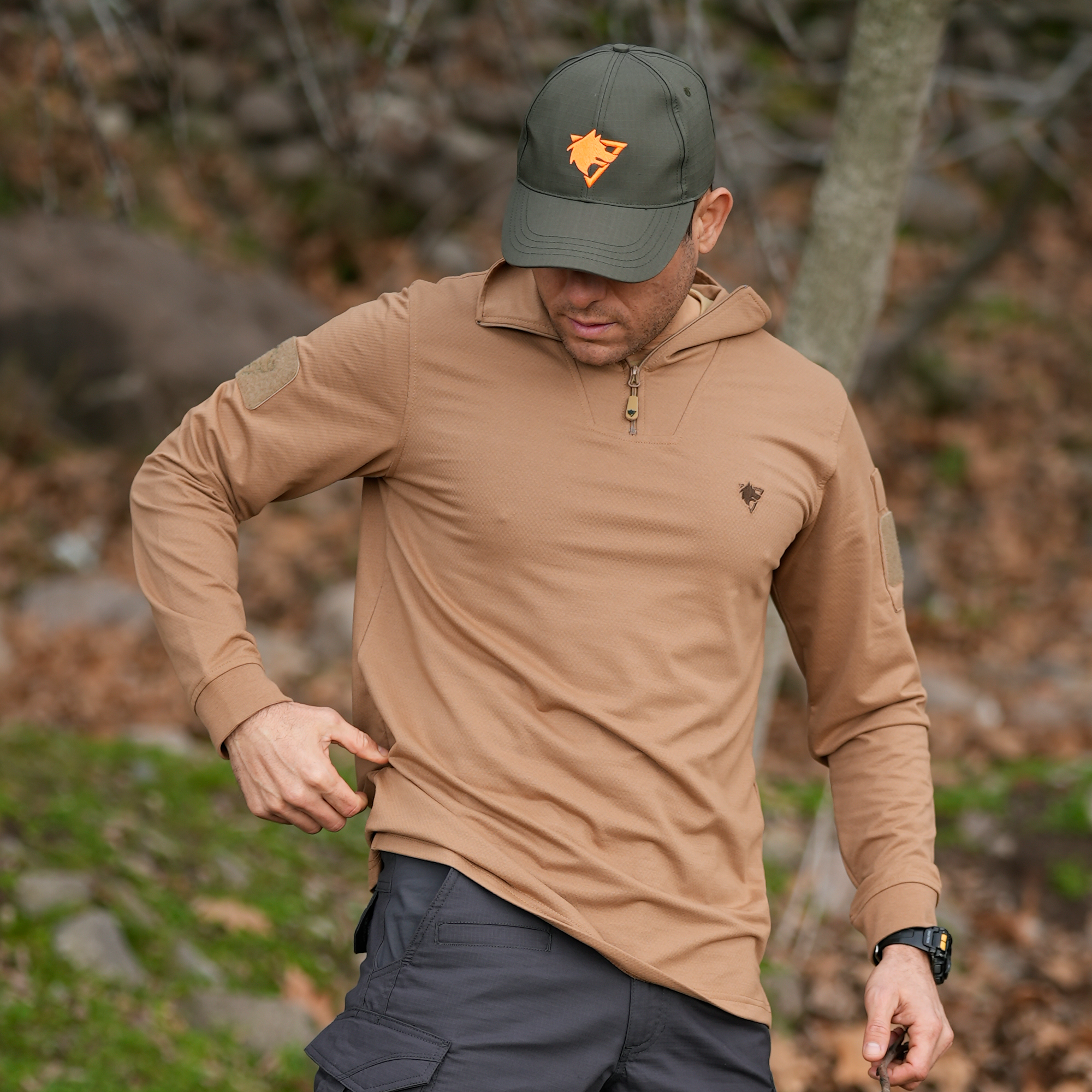 Turuncu Kurt Logolu Haki Ripstop Şapka