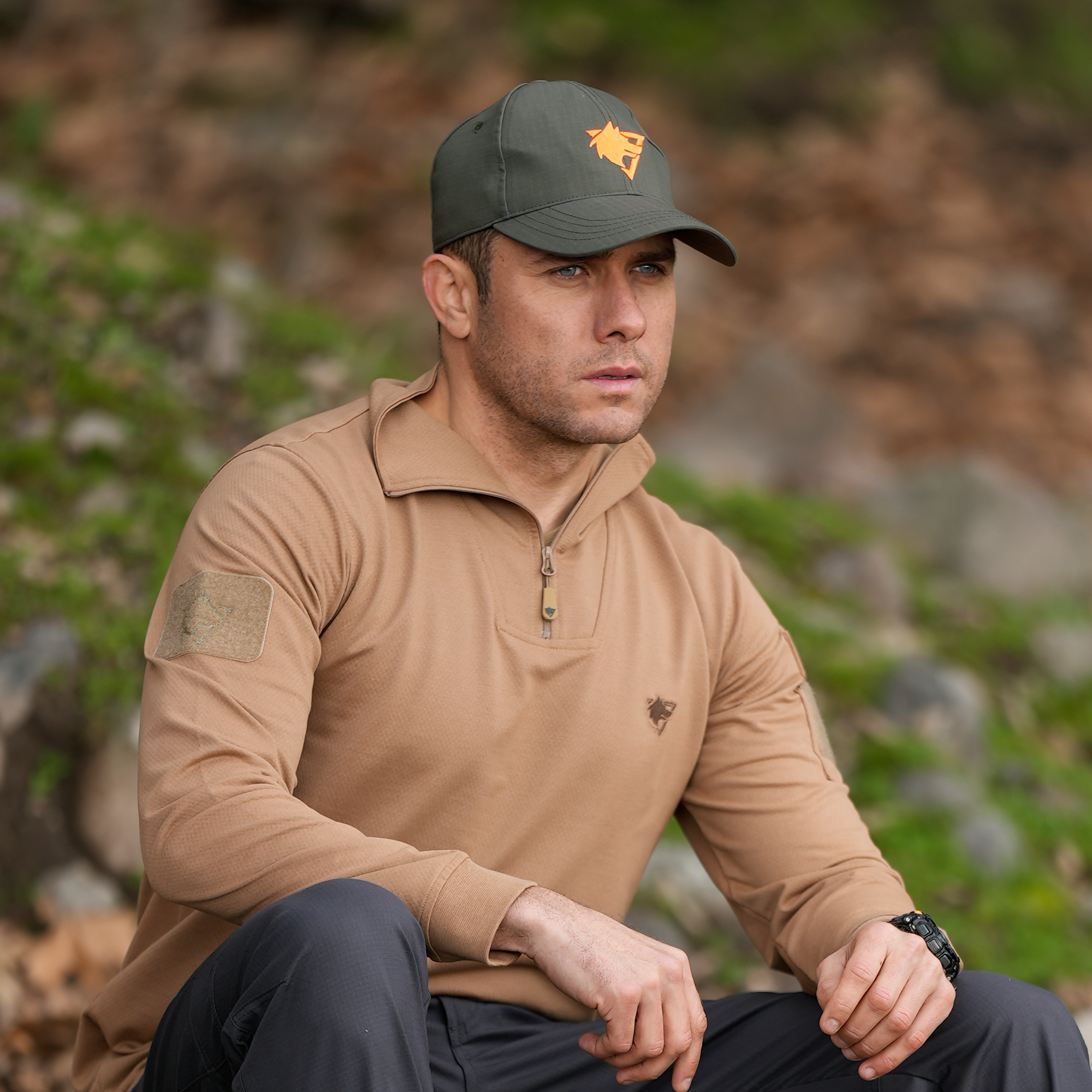 Turuncu Kurt Logolu Haki Ripstop Şapka