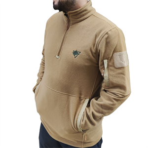 Bej Renk Sıcak Tutan Çeyrek Fermuarlı Polar Kazak, 2 Cepli Yumuşak Sweatshirt