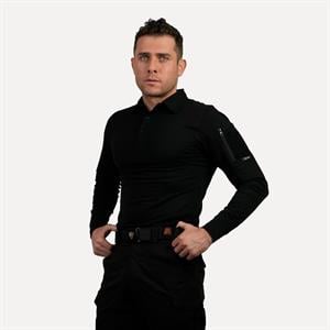 Siyah Uzun Kollu Taktik Polo Yaka Tişört, 2 Cepli Uzun Kollu T-Shirt