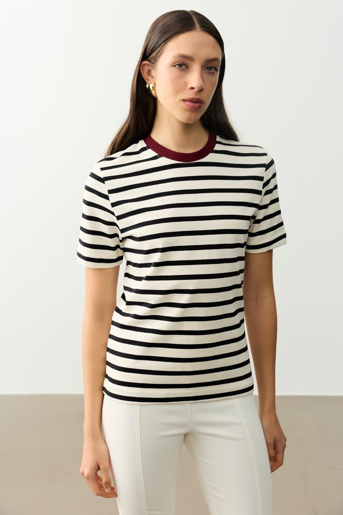 Çizgili Basic Tişört - Bordo