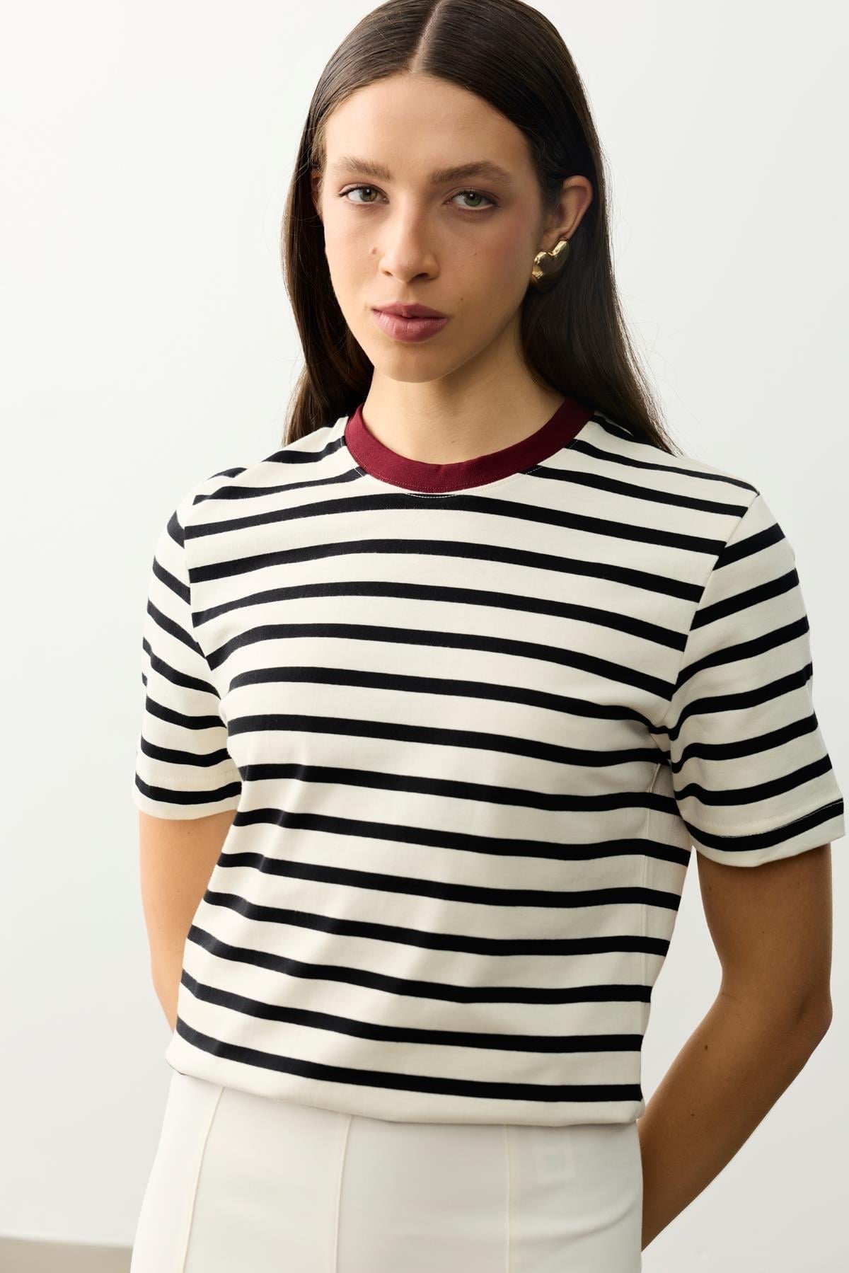 Çizgili Basic Tişört - Bordo
