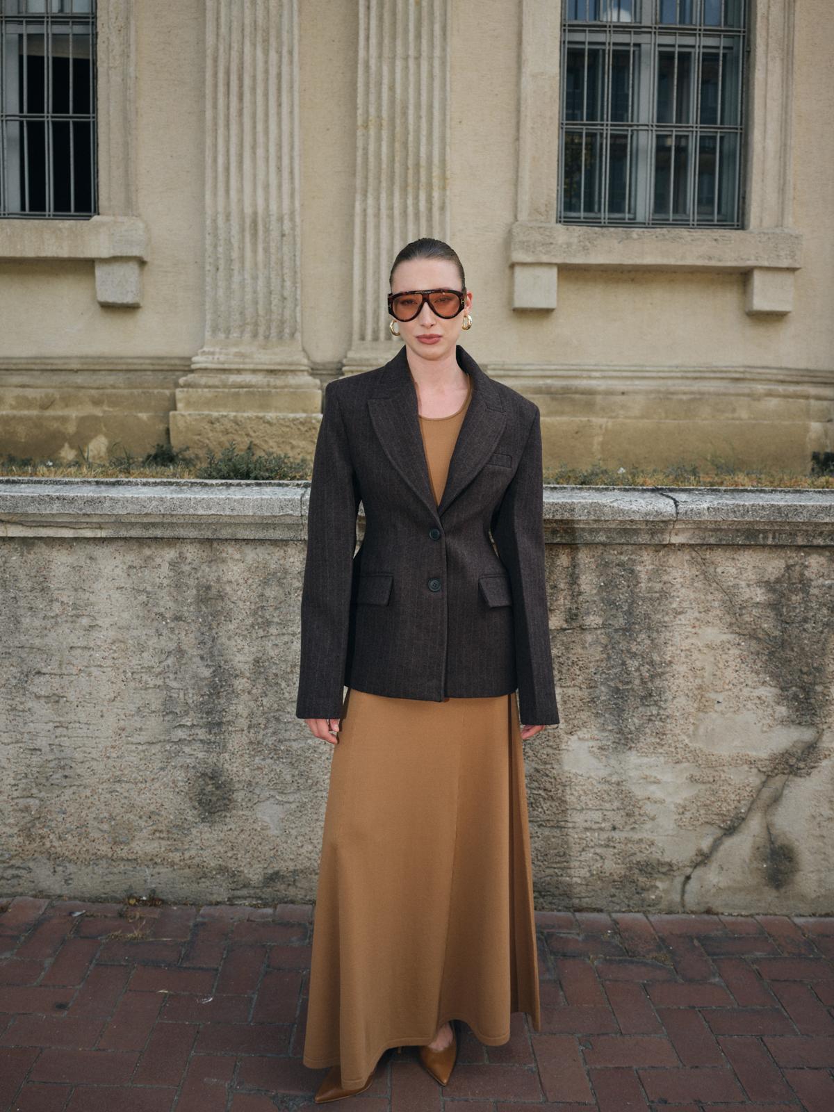 Çizgili Kaşe Ceket - Kahverengi