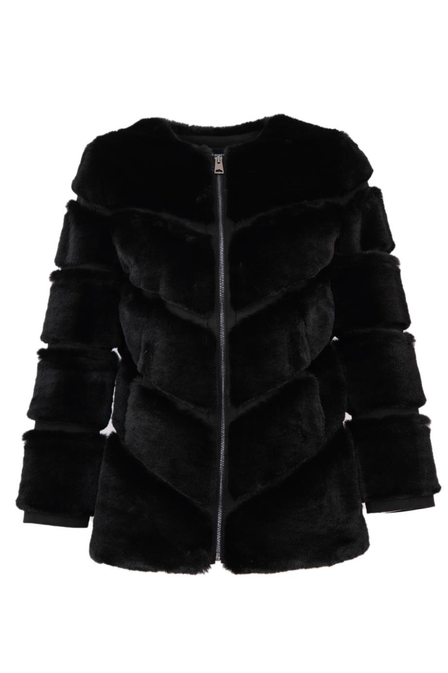 CLASSIC EDITION Yuvarlak Yaka Dilimli Suni Kürk Ceket - Siyah