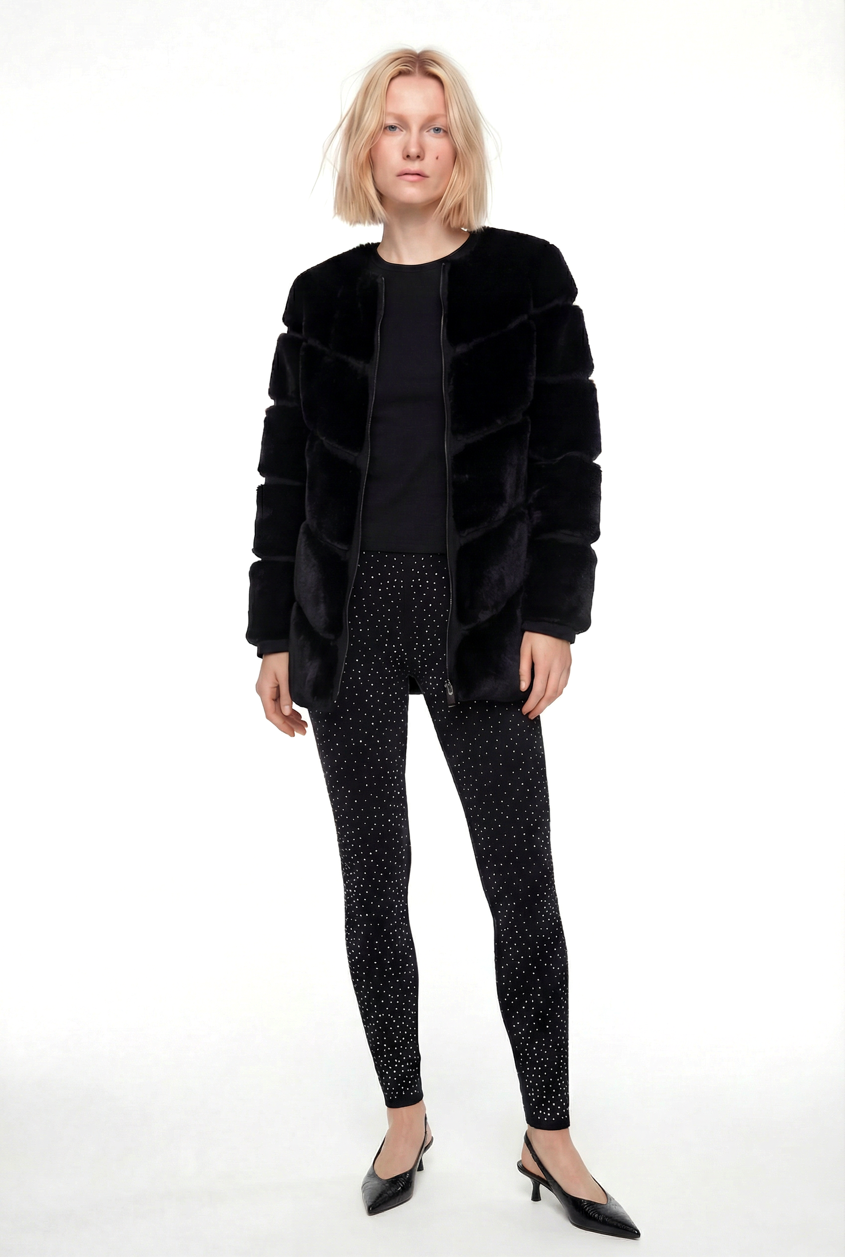 CLASSIC EDITION Yuvarlak Yaka Dilimli Suni Kürk Ceket - Siyah