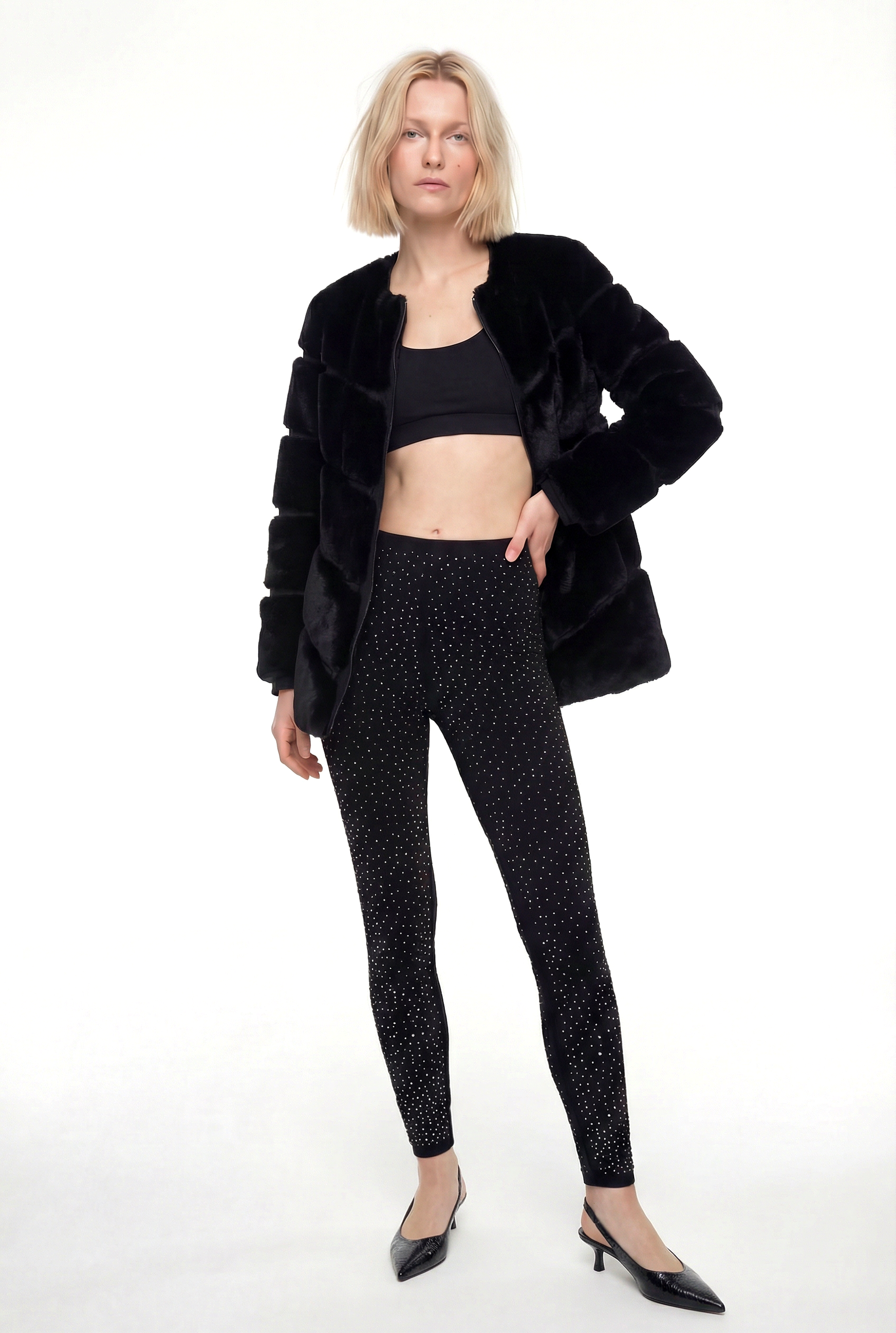 CLASSIC EDITION Yuvarlak Yaka Dilimli Suni Kürk Ceket - Siyah