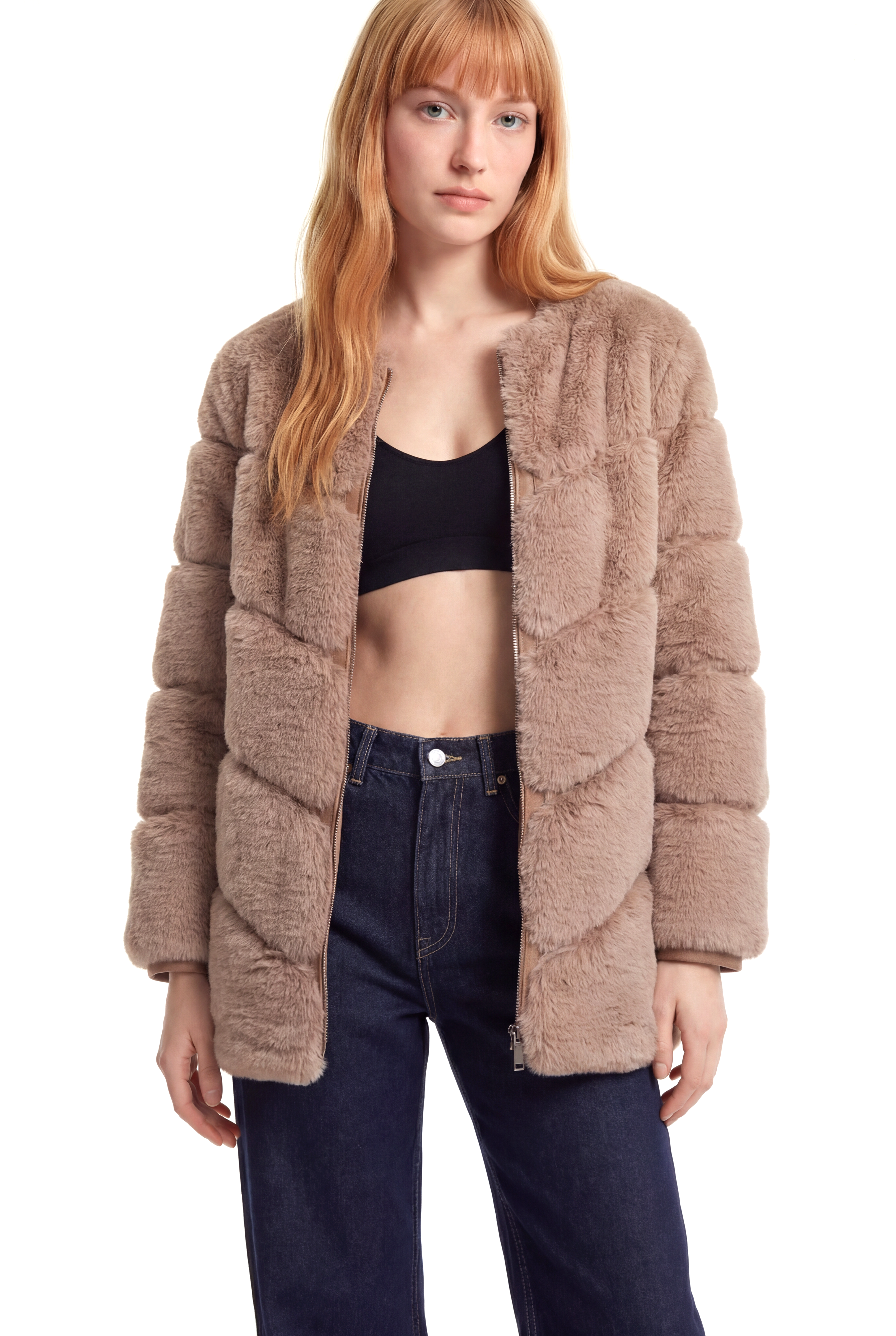 CLASSIC EDITION Yuvarlak Yaka Dilimli Suni Kürk Ceket - Vizon