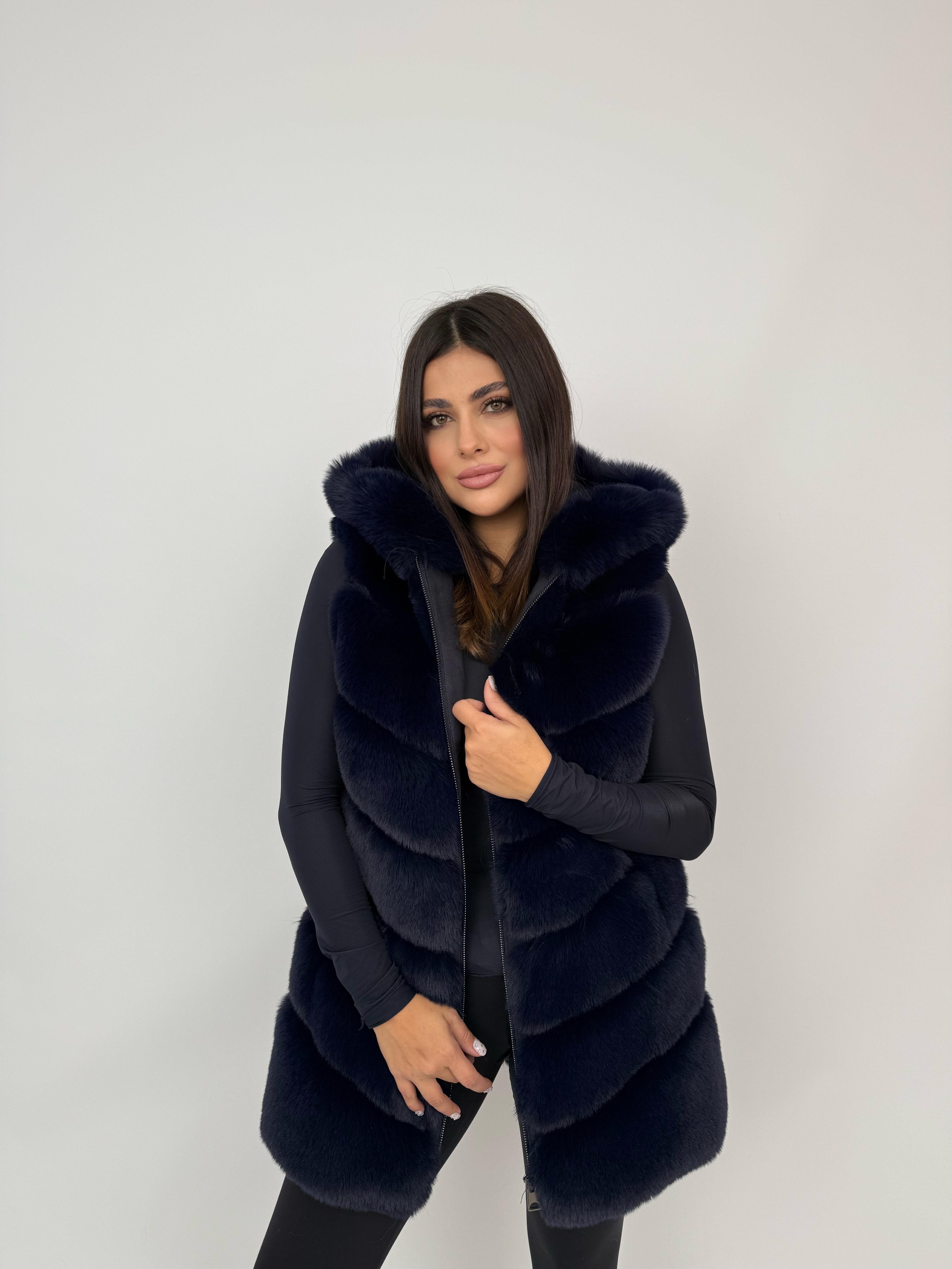 CLASSIC Kapüşonlu Suni Kürk Yelek - Saks