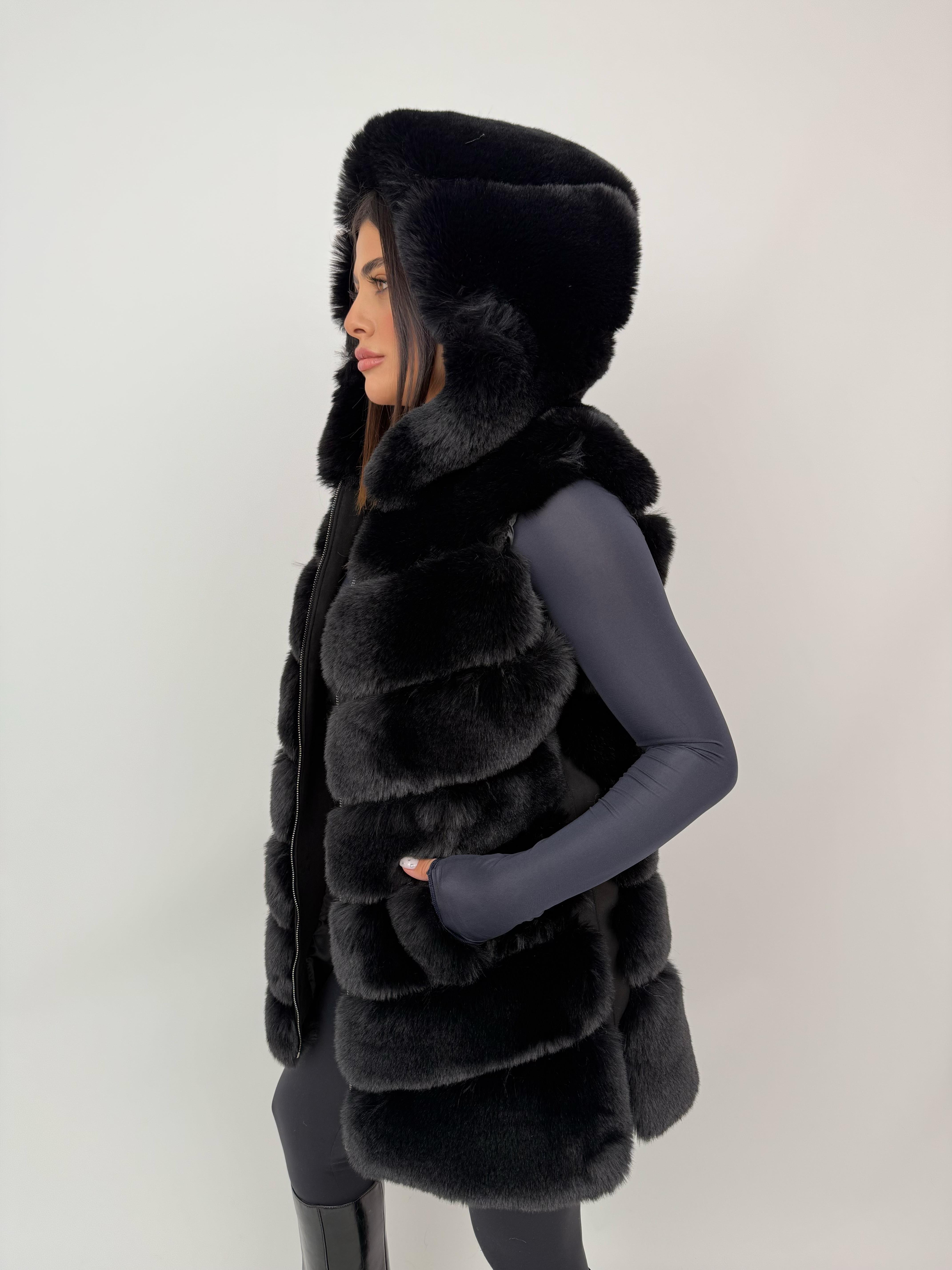 CLASSIC Kapüşonlu Suni Kürk Yelek - Siyah